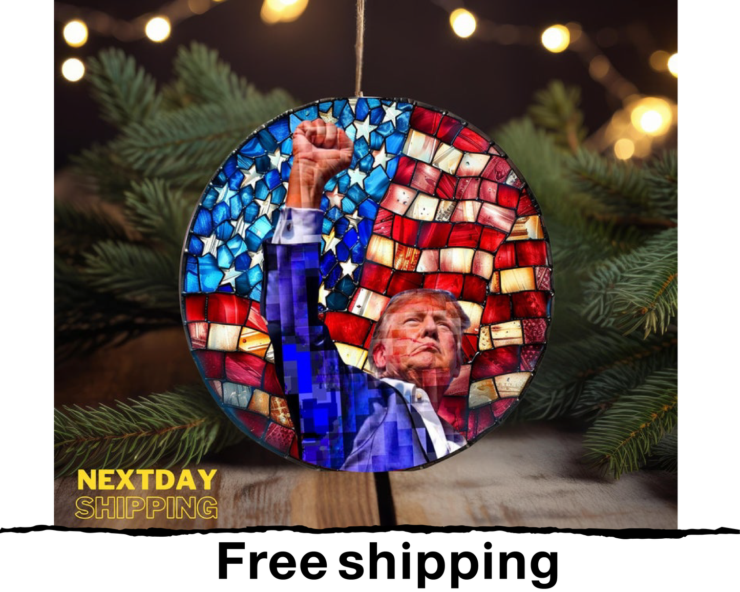 Trump with Raised Fist Stained Glass-Look Christmas Ornament