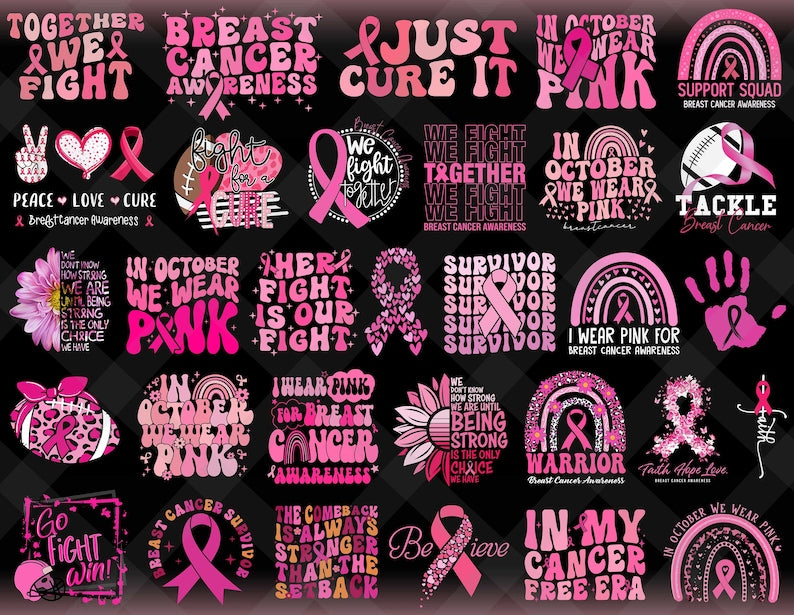 30+ Designs Breast Cancer Groovy Style PNG Bundle